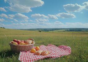 A picnic setup with fresh fruits and pastries in a sunny meadow under a blue sky photo