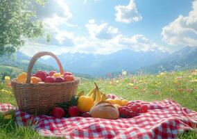 A picnic setup with fresh fruits and pastries in a sunny meadow under a blue sky photo