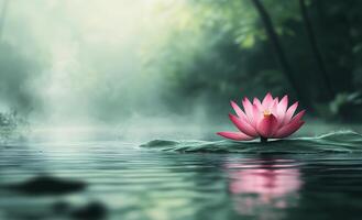 A serene pink lotus flower blooming on a tranquil pond surrounded by misty greenery photo