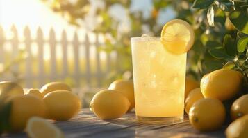 Refreshing lemonade in a glass surrounded by fresh lemons in a sunny backyard setting photo