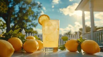 Refreshing lemonade in a glass surrounded by fresh lemons in a sunny backyard setting photo