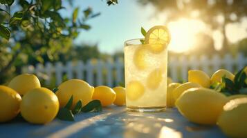 Refreshing lemonade in a glass surrounded by fresh lemons in a sunny backyard setting photo
