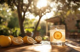 Refreshing lemonade in a sunny garden with ripe lemons and a glass of citrus drink photo