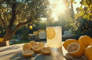 Refreshing lemonade in a sunny garden with ripe lemons and a glass of citrus drink photo