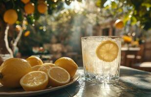 Refreshing lemonade in a sunny garden with ripe lemons and a glass of citrus drink photo