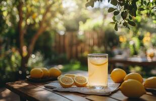 Refreshing lemonade in a sunny garden with ripe lemons and a glass of citrus drink photo