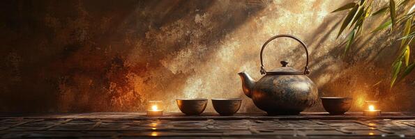 Traditional tea set arranged on bamboo table with warm lighting highlighting the scene photo