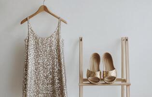 Elegant gold sequin dress displayed with matching shoes in a minimalist setting photo