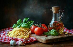 Fresh ingredients for a delicious Italian pasta dish on a rustic wooden table photo