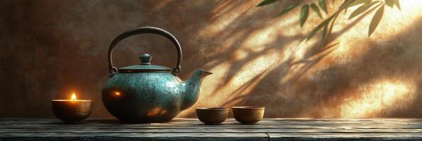 Traditional tea set arranged on bamboo table with warm lighting highlighting the scene photo