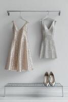 Sparkling gold dress and matching heels hanging on a rack in a stylish interior photo