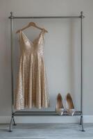 Sparkling gold dress and matching heels hanging on a rack in a stylish interior photo