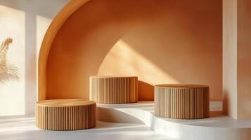 Modern minimalist display with tiered wooden platforms in a warm toned interior setting photo