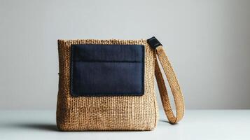 Modern woven handbag with a sleek black patch against a neutral background in a bright setting photo
