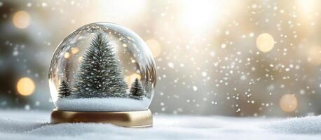 A snow globe capturing a serene winter scene with evergreens under falling snow photo