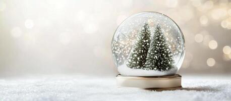 A snow globe capturing a serene winter scene with evergreens under falling snow photo