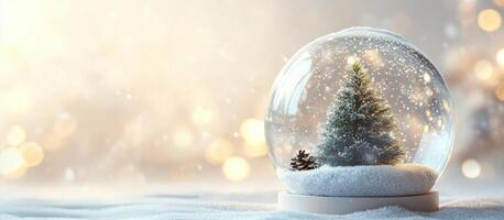 A snow globe capturing a serene winter scene with evergreens under falling snow photo
