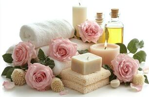 Relaxing spa setup with pink roses, essential oils, and natural soap bars photo