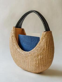 Stylish woven handbag featuring a unique design and vibrant blue insert, perfect for daily use photo