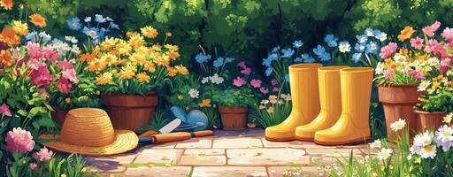 Bright garden path with flowers, gardening tools, and straw hat on a sunny afternoon photo