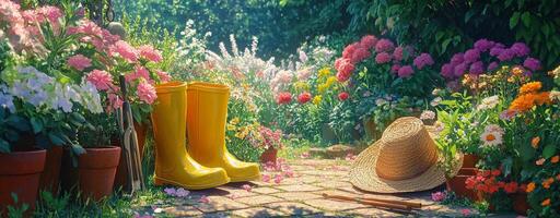 Bright garden path with flowers, gardening tools, and straw hat on a sunny afternoon photo