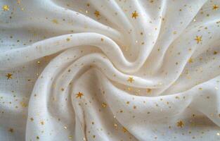 Soft white fabric adorned with golden stars, perfect for crafts or interior decor photo