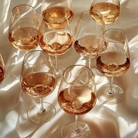 Multiple elegant wine glasses filled with ros on a soft, textured surface during a sunny afternoon photo