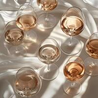 Multiple elegant wine glasses filled with ros on a soft, textured surface during a sunny afternoon photo