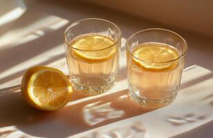 Refreshing lemon drinks with slices on a warm sunny afternoon at home photo
