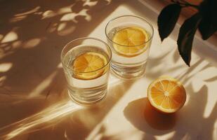 Refreshing lemon drinks with slices on a warm sunny afternoon at home photo