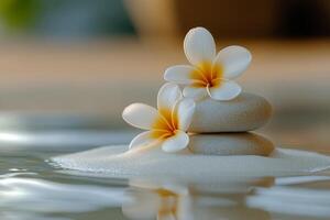Serene arrangement of stones with blooming flowers on a tranquil sandy surface photo