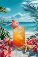 Relaxing beach scene with a tropical cocktail and flowers during a sunny day by the sea photo