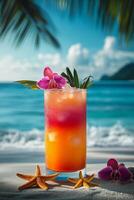Refreshing tropical cocktail garnished with orchids and served by the beach in a sunny paradise photo