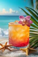 Refreshing tropical cocktail garnished with orchids and served by the beach in a sunny paradise photo