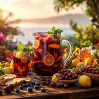 Refreshing summer fruit punch served in a glass pitcher with lemons and berries on a colorful table photo