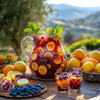 Refreshing summer fruit punch served in a glass pitcher with lemons and berries on a colorful table photo