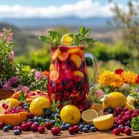 Refreshing summer fruit punch served in a glass pitcher with lemons and berries on a colorful table photo