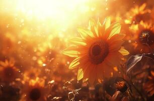 Sunflowers blooming in a golden field during sunset with sunlight filtering through petals photo
