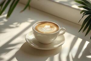 Early morning coffee resting on a white table near a bright window with soft shadows photo
