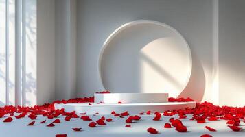 A modern display space adorned with red rose petals in a minimalist white room during daylight photo