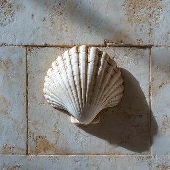 Decorative clam shell affixed to a textured stone wall in natural light during the day photo