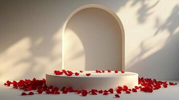 A modern display space adorned with red rose petals in a minimalist white room during daylight photo