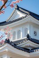 Modern residential roof design with intricate architecture and stone accents under a bright sky photo