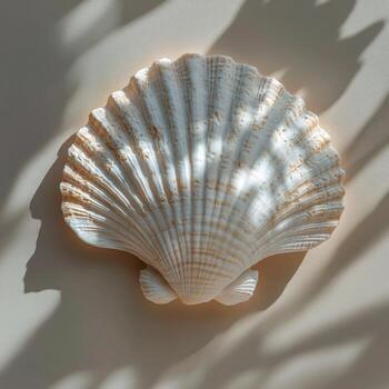 Decorative clam shell affixed to a textured stone wall in natural light during the day photo