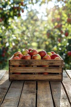 Freshly picked apples in a wooden crate surrounded by trees in a sunny orchard photo