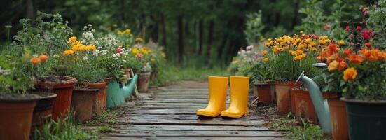 Bright yellow boots on a wooden path surrounded by blooming flowers in a vibrant garden photo