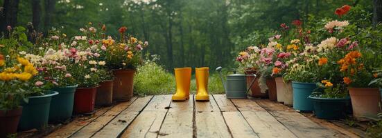 Bright yellow boots on a wooden path surrounded by blooming flowers in a vibrant garden photo