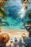 Serene tropical beach with crystal clear water and relaxing lounge chairs in the afternoon sun photo