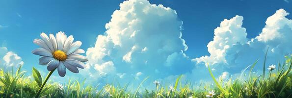 A vibrant daisy in a lush green field under a clear blue sky with fluffy clouds during daylight photo