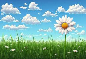 Bright meadow with blooming daisies under a clear blue sky filled with fluffy clouds photo